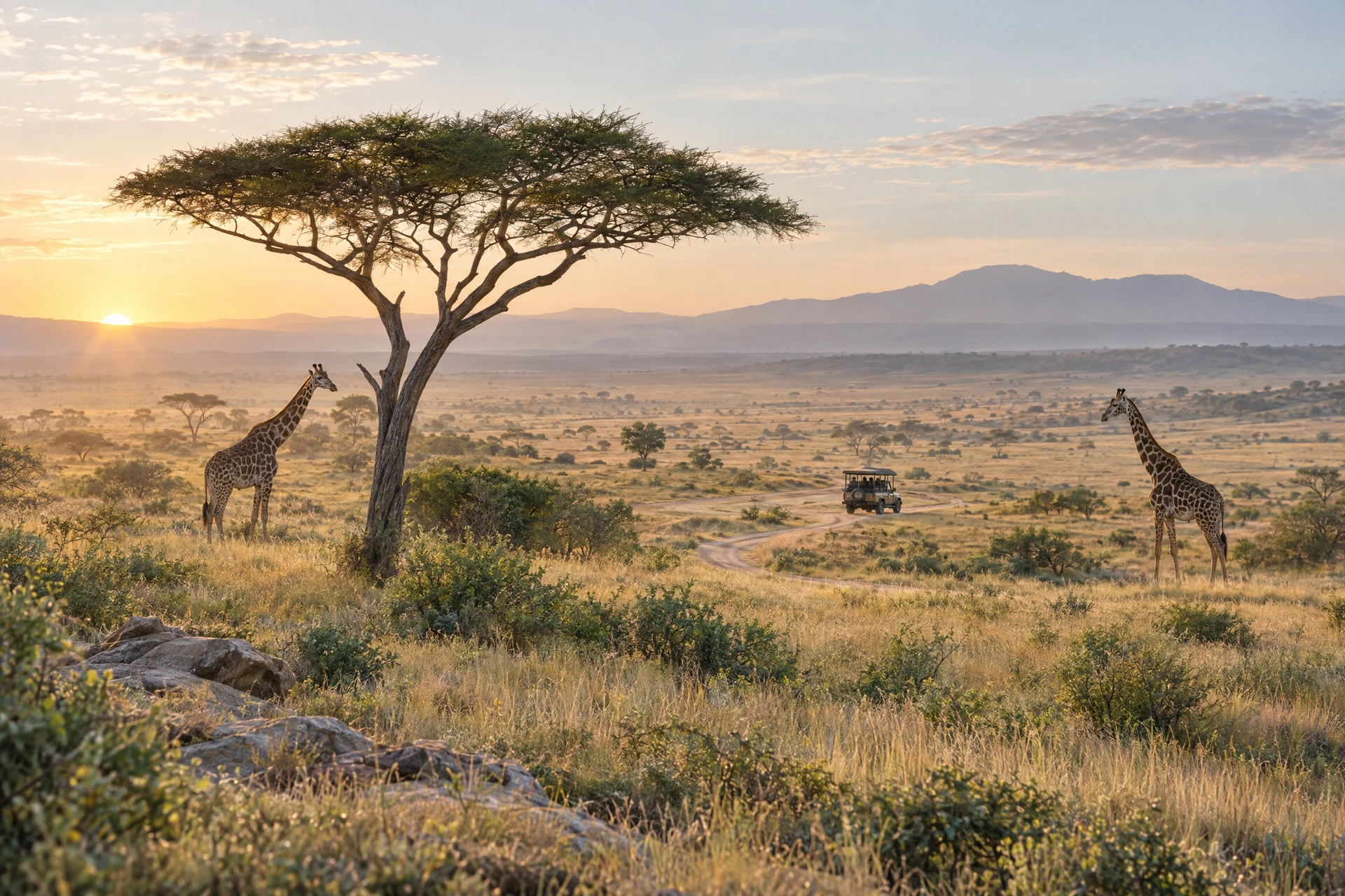 Illustrative savanna scene with giraffes, an acacia tree, and a distant safari vehicle at dawn