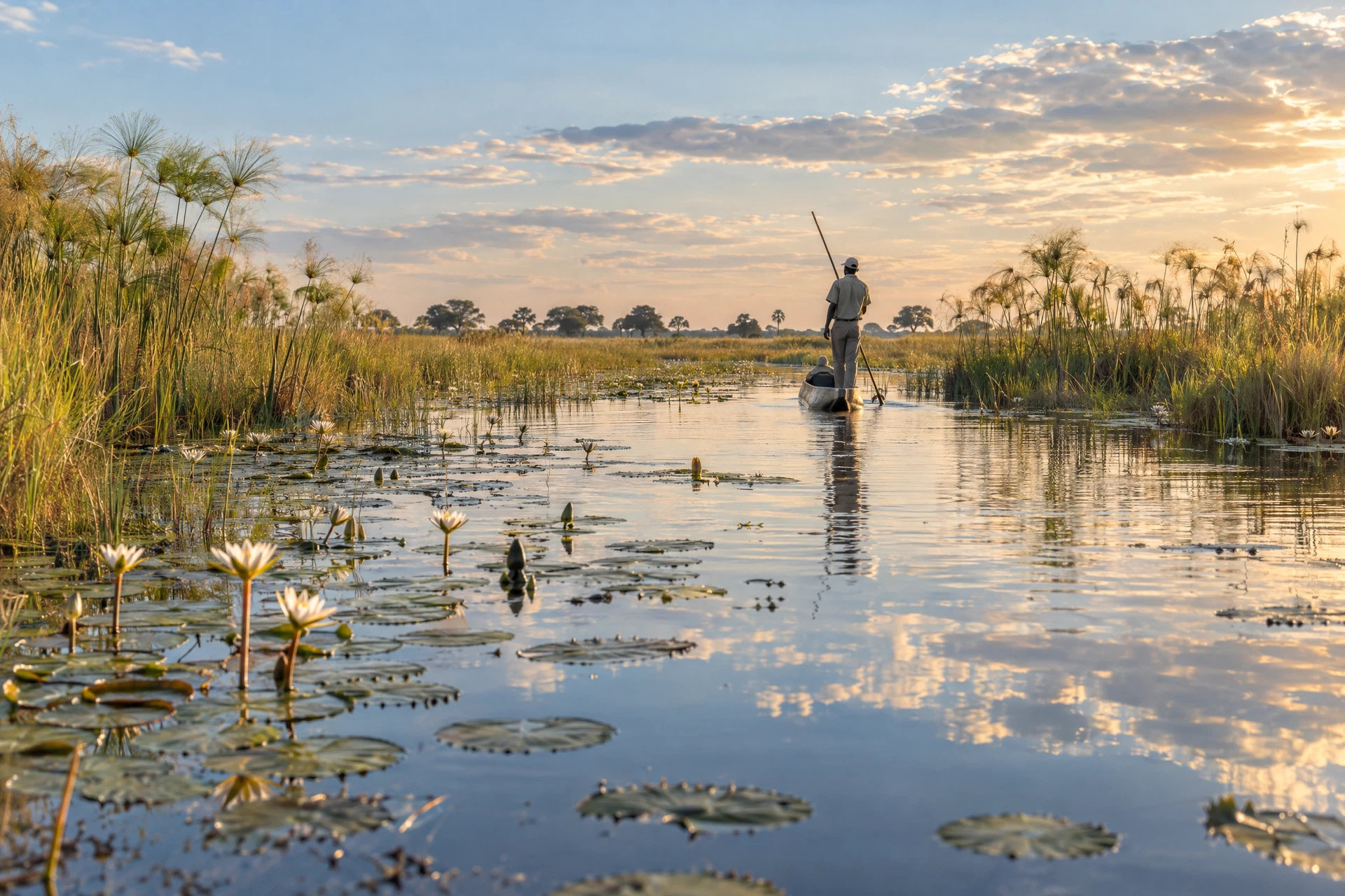 Illustrative mokoro canoe among reeds in a sunlit delta waterway