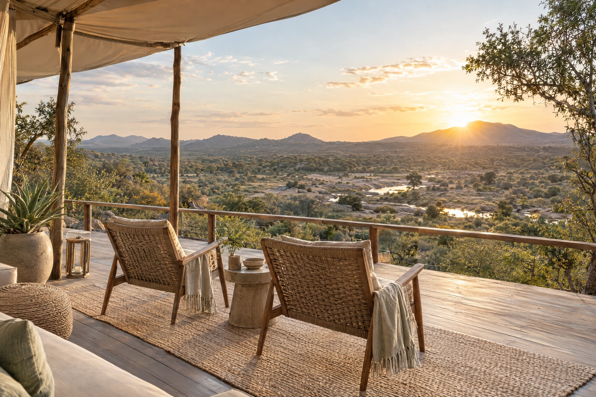 Illustrative open-air safari lodge veranda overlooking the South African bush